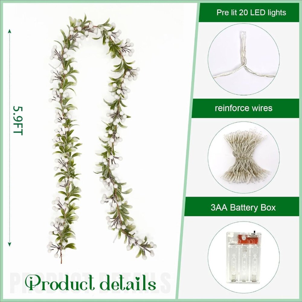 Christmas Garland with Lights Battery Operated - 5.9ft 20 LED White Berry Lighte - Picture 3 of 8